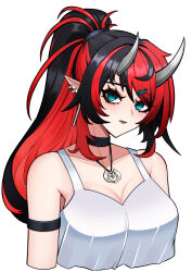 Rule 34 | 1girl, absurdres, alternate costume, alternate hairstyle, armband, black choker, black hair, blue eyes, blush, breasts, choker, cleavage, commentary, cropped torso, demon girl, demon horns, earrings, hair ornament, hairclip, high ponytail, highres, horns, jewelry, large breasts, long hair, looking at viewer, multicolored hair, multiple earrings, nanashi inc., necklace, parted lips, pendramon, pointy ears, red hair, ryugasaki rene, simple background, smile, solo, tank top, two-tone hair, upper body, virtual youtuber, white background, white tank top