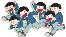 Rule 34 | 6+boys, arm up, bad id, bad pixiv id, bowl cut, brothers, carrying, child, heart, heart in mouth, koutou (akzkr09), male focus, matching outfits, matsuno choromatsu, matsuno ichimatsu, matsuno jyushimatsu, matsuno karamatsu, matsuno osomatsu, matsuno todomatsu, multiple boys, open mouth, osomatsu-kun, osomatsu (series), piggyback, running, sextuplets, shadow, siblings, simple background, smile, white background, wing collar