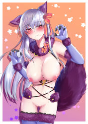 Rule 34 | 1girl, animal ears, bare shoulders, blush, bow, breasts, breasts out, claw pose, closed mouth, cosplay, earrings, elbow gloves, fate/grand order, fate (series), fur-trimmed gloves, fur-trimmed legwear, fur collar, fur trim, gloves, hair ribbon, highres, jewelry, kama (fate), lace, lace-trimmed legwear, lace trim, large breasts, long hair, looking to the side, mash kyrielight, mash kyrielight (dangerous beast), mash kyrielight (dangerous beast) (cosplay), navel, nipples, o-ring, official alternate costume, purple gloves, purple legwear, red eyes, revealing clothes, ribbon, silver hair, tail, wolf ears, wolf tail, yumeneko nyaa