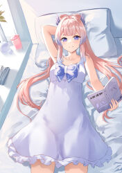 Rule 34 | 1girl, arm behind head, arm up, bare arms, bare shoulders, bed, blue hair, book, bow-shaped hair, breasts, chahei, closed mouth, collarbone, commentary request, day, dress, eyebrows hidden by hair, frilled dress, frills, genshin impact, gradient hair, highres, holding, holding book, indoors, long hair, lying, medium breasts, multicolored hair, on back, on bed, open book, pillow, pink hair, purple eyes, sangonomiya kokomi, short eyebrows, sleeveless, sleeveless dress, smile, solo, thick eyebrows, very long hair, white dress