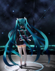 Rule 34 | 1girl, aqua hair, from behind, h016, hatsune miku, high heels, long hair, shoes, sky, solo, standing, star (sky), starry sky, thighhighs, twintails, very long hair, vocaloid, white thighhighs