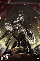 Rule 34 | 1girl, agent (girls&#039; frontline), black footwear, black gloves, black hair, black thighhighs, blurry, boots, cable, chinese text, closed mouth, clothes lift, confetti, depth of field, dress, dress lift, fish g, frilled dress, frills, garter belt, garter straps, girls&#039; frontline, gloves, gun, high heel boots, high heels, looking back, maid headdress, mechanical parts, podium, shaded face, solo, stage, stage lights, thigh boots, thighhighs, thighhighs under boots, thighs, translation request, weapon