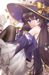 Rule 34 | 1girl, absurdres, azur lane, bare shoulders, blue eyes, blunt bangs, blush, brown hair, dress, food, halloween, halloween costume, hat, highres, long hair, long island (azur lane), long island (long island&#039;s spooky stream) (azur lane), looking at viewer, official alternate costume, poho, sidelocks, sitting, sleeveless, solo, thighhighs, very long hair, wax seal, witch hat