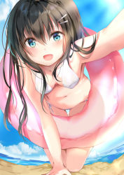Rule 34 | 1girl, :d, :p, all fours, bad id, bad pixiv id, bare arms, bare shoulders, beach, bikini, blush, breasts, brown hair, cleavage, cloud, day, fisheye, foreshortening, hair ornament, hairclip, horizon, innertube, japanese clothes, kimono, long hair, looking at viewer, medium breasts, moe2018, navel, ocean, open mouth, original, outstretched arm, ponika, reaching, reaching towards viewer, sand, selfie, shore, side-tie bikini bottom, smile, solo, stomach, swim ring, swimsuit, tareme, thigh gap, tongue, tongue out, transparent, water, white bikini
