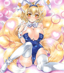 Rule 34 | 1girl, animal ears, ankle garter, artist name, at classics, bare shoulders, blonde hair, blue leotard, blush, bow, bowtie, breasts, cameltoe, cleft of venus, closed mouth, detached sleeves, fox ears, fox tail, hair between eyes, heart, high heels, large breasts, leotard, looking at viewer, multiple tails, playboy bunny, purple bow, purple bowtie, rabbit ears, sample watermark, short hair, sitting, smile, solo, tail, thighhighs, touhou, traditional media, watermark, white thighhighs, wrist cuffs, yakumo ran, yellow eyes, yokozuwari