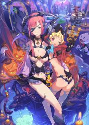 Rule 34 | 3girls, anatomical nonsense, ass, bad anatomy, bat (animal), blonde hair, blue eyes, breasts, butler, candle, cleavage, crown, eyepatch, frankenstein&#039;s monster, ghost, halloween, hat, highres, hood, hoodie, jack-o&#039;-lantern, large breasts, mask, mecha musume, mhk (mechamania), multiple girls, navel, original, pink eyes, pink hair, pumpkin, ribbon, scythe, short hair, shorts, small breasts, smile, staff, table, thighhighs, torn clothes, unzipped, white legwear, wink, witch hat