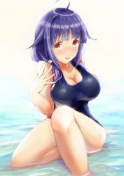 Rule 34 | 1girl, ahoge, blue one-piece swimsuit, blush, breasts, cleavage, collarbone, covered navel, hair flaps, highres, kantai collection, large breasts, low twintails, ocean, old school swimsuit, one-piece swimsuit, open mouth, purple hair, red eyes, school swimsuit, sitting, smile, solo, swimsuit, taigei (kancolle), twintails, water, yomitsuna