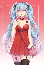 Rule 34 | 1girl, absurdres, alternate costume, bag, bare arms, bare shoulders, black choker, black ribbon, black thighhighs, blue eyes, blue hair, blush, breasts, breasts apart, chestnut mouth, choker, collarbone, commentary, cowboy shot, dress, english commentary, garter straps, gradient background, hair ornament, hair ribbon, hairclip, hand on own chest, hatsune miku, heart, heart-shaped bag, heart choker, heart hair ornament, heart in eye, highres, long hair, looking at viewer, nail polish, open mouth, pink background, red background, red dress, red nails, rhode, ribbon, shoulder bag, sleeveless, sleeveless dress, small breasts, solo, symbol in eye, teeth, thigh gap, thighhighs, twintails, upper teeth only, very long hair, vocaloid, x hair ornament, zettai ryouiki