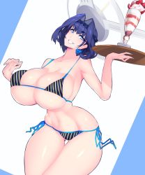 Rule 34 | 1girl, bikini, blue eyes, blue hair, breasts, hair intakes, highres, holding, holding tray, hololive, hololive english, huge breasts, ouro kronii, ricechan, solo, striped bikini, striped clothes, swimsuit, thick thighs, thighs, tray, underboob, virtual youtuber