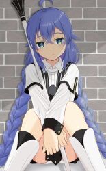 Rule 34 | 1girl, 3:, ahoge, blue eyes, blue hair, boots, braid, brick wall, closed mouth, commentary, crossed bangs, eyelashes, feet out of frame, frown, hair between eyes, head tilt, highres, holding, holding staff, knees together feet apart, knees up, light blush, long braid, long hair, long sleeves, looking at viewer, low twin braids, mage staff, mochimugi rice, mushoku tensei, own hands together, panties, panty peek, roxy migurdia, shirt, sidelocks, sitting, solo, staff, twin braids, underwear, v arms, very long hair, white footwear, white panties, white shirt