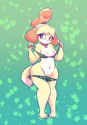 Rule 34 | 1girl, animal crossing, animal ears, animal hands, artist name, bell, bikini, bikini pull, blonde hair, blush, breasts, brown eyes, cleft of venus, clothes pull, collar, dog ears, dog tail, embarrassed, feet, full body, furry, furry female, gradient background, green background, green bikini, hair bell, hair ornament, hands up, isabelle (animal crossing), looking away, navel, nintendo, nipples, one-piece swimsuit pull, pussy, red collar, short hair, simple background, skindentation, small breasts, smile, solo, standing, swimsuit, tail, text focus, uncensored, watermark, web address, wide hips, zedrin