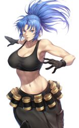 Rule 34 | 1girl, abs, absurdres, armpits, bare shoulders, belt, biceps, black background, black gloves, black pants, black tank top, blue eyes, blue hair, breasts, cargo pants, cleavage, closed mouth, collarbone, commentary, cowboy shot, crop top, earrings, eyebrows hidden by hair, gas can, gloves, groin, high ponytail, highres, jewelry, large breasts, leona heidern, long hair, looking at viewer, midriff, military, muscular, muscular female, nasaniliu, navel, pants, parted bangs, ponytail, sidelocks, simple background, solo, standing, tank top, the king of fighters, the king of fighters xiii, triangle earrings, white background