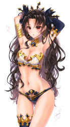 Rule 34 | 1girl, absurdres, armlet, armpits, arms behind head, arms up, asymmetrical legwear, asymmetrical sleeves, bandeau, bare shoulders, bikini, black bikini, black bow, black hair, black thighhighs, blush, bow, breasts, cleavage, detached collar, detached sleeves, earrings, fate/grand order, fate (series), gold trim, hair bow, heart, highres, hoop earrings, ishtar (fate), jewelry, long hair, looking at viewer, medium breasts, mismatched bikini, navel, neck ring, parted bangs, red eyes, simple background, single detached sleeve, single thighhigh, solo, swimsuit, thighhighs, thighlet, thighs, tiara, two side up, uneven legwear, uneven sleeves, wakana art, white background, white bikini