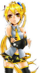 Rule 34 | 1girl, akita neru, avenne, bad id, bad pixiv id, belt, black thighhighs, blonde hair, crossed arms, detached sleeves, highres, long hair, navel, necktie, pout, side ponytail, skirt, solo, thighhighs, very long hair, vocaloid, yellow eyes, yellow necktie