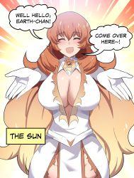 Rule 34 | 1girl, :d, absurdres, blush, breasts, brown hair, closed eyes, cowboy shot, dress, english text, facing viewer, foreshortening, gloves, highres, hinghoi, large breasts, long hair, merryweather, open mouth, original, smile, solo, speech bubble, sun-sensei, white dress, white gloves