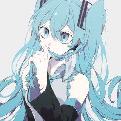 Rule 34 | 1girl, bare shoulders, black sleeves, blue eyes, blue hair, crypton future media, detached sleeves, eiku, grey background, grey shirt, hair between eyes, hair ornament, hand up, hatsune miku, highres, holding, holding own hair, long hair, looking at viewer, necktie, piapro, shirt, sleeveless, sleeveless shirt, solo, twintails, upper body, very long hair, vocaloid