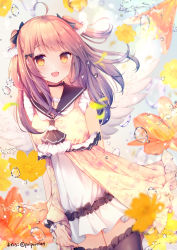 Rule 34 | 1girl, :d, ahoge, azu torako, banned artist, black bow, black sailor collar, black thighhighs, blurry, blurry background, blurry foreground, bow, brown dress, brown eyes, brown flower, brown hair, commentary, depth of field, dress, feathered wings, flower, frilled thighhighs, frills, hair bow, long hair, long sleeves, looking at viewer, open mouth, original, puffy long sleeves, puffy sleeves, sailor collar, sailor dress, sleeveless, sleeveless dress, sleeves past wrists, smile, solo, symbol-only commentary, thighhighs, twitter username, two side up, water drop, white wings, wings, yellow flower