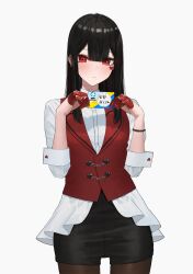 Rule 34 | 1girl, black hair, black pantyhose, black shorts, blunt bangs, blush, bracelet, cowboy shot, enokawa kokoro (hara kenshi), expressionless, facial mark, gloves, hands up, hara kenshi, heart, heart-shaped pupils, highres, holding ticket, jewelry, long hair, looking at viewer, lottery ticket, mole, mole under mouth, original, pantyhose, pearl bracelet, red eyes, red gloves, red vest, shirt, shorts, simple background, solo, standing, symbol-shaped pupils, vest, white background, white shirt