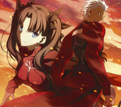Rule 34 | 1boy, 1girl, archer (fate), black ribbon, blue eyes, brown eyes, brown hair, fate/stay night, fate (series), hair ribbon, long hair, looking at viewer, looking back, official art, outstretched arm, red sweater, ribbon, silver hair, spiked hair, sweater, takeuchi takashi, tohsaka rin, two side up, unlimited blade works (fate)