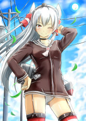 Rule 34 | 10s, 1girl, amatsukaze (kancolle), baretto (karasi07), collar, collarbone, garter straps, hair ornament, hand on own hip, highres, kantai collection, long hair, looking at viewer, one eye closed, outdoors, panties, red eyes, silver hair, smile, solo, striped clothes, striped thighhighs, thighhighs, underwear, white panties