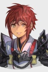 Rule 34 | 1girl, armor, grey background, hungry clicker, looking at viewer, lora (xenoblade), nintendo, pauldrons, portrait, red hair, shoulder armor, smile, solo, xenoblade chronicles (series), xenoblade chronicles 2, xenoblade chronicles 2: torna - the golden country, yellow eyes