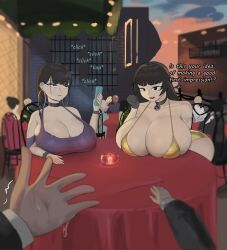 Rule 34 | 2boys, 2girls, absurdres, angry, annoyed, blurry, blurry background, booruguru, breast rest, breasts, breasts on table, bursting breasts, candle, choker, dress, earrings, english text, eyeshadow, fire, formal, goth (booruguru), half-closed eyes, highres, holding, holding phone, huge breasts, jewelry, long hair, makeup, multiple boys, multiple girls, outdoors, phone, pov, purple dress, shiny skin, short hair, skindentation, suit, table, yellow dress