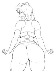 Rule 34 | 10s, 1girl, :q, animated, animated gif, arched back, arms at sides, ass, ass shake, back, backboob, bow, breasts, bridal gauntlets, cowboy shot, elbow gloves, gloves, green eyes, greyscale, hair bow, half-closed eyes, halterneck, haruka (senran kagura), highres, huge ass, jiggle, large breasts, legs apart, looking at viewer, looking back, looping animation, monochrome, narrow waist, nikcesco, parted bangs, senran kagura, short hair, simple background, skindentation, smile, solo, standing, thighhighs, thighs, thong, tongue, tongue out, wide hips