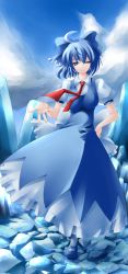Rule 34 | 1girl, ahoge, blue eyes, blue hair, blue sky, bow, breasts, cirno, cloud, day, dress, gin kagami, hair bow, hand on own hip, highres, hip focus, ice, large bow, large breasts, matching hair/eyes, necktie, aged up, one eye closed, outstretched hand, puffy sleeves, red necktie, shiromiza kana, short hair, short sleeves, sky, solo, standing, touhou, wink