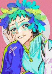 Rule 34 | 1other, ag458, androgynous, blue eyes, blue hair, facepaint, facial mark, feathers, forehead mark, gnosia, green eyes, green hair, headphones, long hair, long sleeves, looking at viewer, makeup, multicolored hair, other focus, raqio, simple background, solo, streaked hair, tattoo, upper body