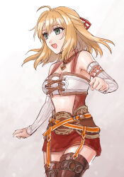 Rule 34 | 1girl, blonde hair, breasts, commentary, detached sleeves, fiora (xenoblade), green eyes, hazuki (nyorosuke), long hair, medium breasts, midriff, miniskirt, open mouth, simple background, skirt, smile, solo, thighhighs, white background, xenoblade chronicles (series), xenoblade chronicles 1