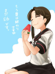 Rule 34 | 10s, 1girl, :t, ayanami (kancolle), ayanami kai ni (kancolle), blush, brown hair, closed eyes, commentary request, eating, food, from side, fruit, highres, holding, holding food, holding fruit, kantai collection, long hair, ponytail, school uniform, serafuku, short sleeves, side ponytail, sitting, skirt, smile, solo, translation request, uchiage cola, watermelon