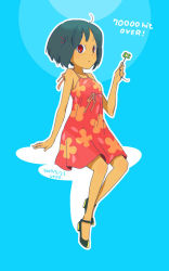 Rule 34 | 1girl, animal, bare shoulders, black hair, blue background, bug, butterfly, butterfly on hand, dark-skinned female, dark skin, dress, floral print, insect, looking at viewer, original, red dress, red eyes, short hair, simple background, sleeveless, sleeveless dress, solo, ukke