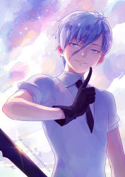 Rule 34 | 1other, androgynous, antarcticite, artist name, blue eyes, cloud, cloudy sky, finger to mouth, gem uniform (houseki no kuni), gloves, houseki no kuni, kyouran de onikoushi, looking at viewer, necktie, short hair, sky, smile, solo, white eyes, white hair