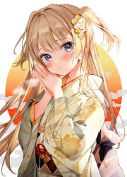Rule 34 | 1girl, anemone (flower), blonde hair, blue eyes, blush, closed mouth, commentary request, floral print, flower, hair flower, hair ornament, head tilt, highres, japanese clothes, kanda done, kimono, long hair, looking at viewer, new year, obi, original, own hands together, parted lips, sash, solo, two side up, white background, yukata