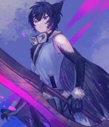 Rule 34 | 1boy, angry, animal ears, claws, feathers, goggles, goggles around neck, harpy, harpy boy, haru tori (vtuber), highres, holding, holding sword, holding weapon, indie virtual youtuber, knife, looking down, monster boy, monster girl, purple eyes, purple hair, shionty, short hair, simple background, sword, vest, virtual youtuber, weapon, wings