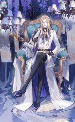 Rule 34 | 1boy, aiguillette, armchair, banner, belt, black belt, black footwear, black gloves, black shirt, blonde hair, blue coat, blue eyes, blue gemstone, boots, brooch, buttons, cane, cape, chair, coat, collared shirt, concealed weapon, crossed legs, curtained hair, diamond button, double-breasted, flower, food fantasy, full body, fur-trimmed cape, fur trim, gem, gloves, highres, holding, holding cane, indoors, jewelry, lamp, lapels, lieshang773, long hair, looking at viewer, male focus, marble floor, neck ribbon, notched lapels, official art, pants, parted bangs, parted lips, purple flower, ribbon, shirt, side cape, sidelocks, sitting, sleeve cuffs, smile, solo, standing, sword cane, thigh boots, third-party source, two-sided coat, two-sided fabric, weapon, white cape, white coat, white pants, white ribbon, wisteria, zabaione (food fantasy)