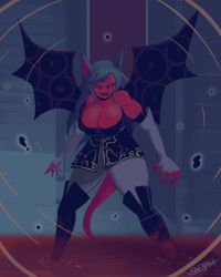 Rule 34 | 1girl, bare shoulders, black eyes, blood, boots, breasts, cleavage, colored sclera, colored skin, demon girl, demon tail, demon wings, elbow gloves, eyelashes, fingerless gloves, gloves, green hair, half-closed eyes, highres, huge breasts, indoors, long hair, looking at viewer, minoria, monster girl, muscular, muscular female, pointy ears, pool of blood, red sclera, red skin, shiny skin, snesflint, solo, standing, tail, thick thighs, thighs, wet, wings