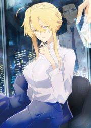 Rule 34 | 1boy, 1girl, agravain (fate), ahoge, artoria pendragon (fate), artoria pendragon (lancer) (fate), aunt and nephew, black hair, black neckwear, black pants, blonde hair, blouse, braid, breasts, collared shirt, cup, fate/grand order, fate (series), french braid, furrowed brow, green eyes, hair between eyes, highres, holding, holding cup, large breasts, long sleeves, necktie, nogi (acclima), open mouth, pants, reflection, shirt, short hair, white shirt