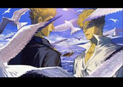 Rule 34 | 2boys, bird, black shirt, blonde hair, blurry, blurry foreground, brothers, brown eyes, collared shirt, donquixote doflamingo, donquixote rocinante, highres, holding, holding removed eyewear, looking at another, male focus, multiple boys, ocean, one piece, open mouth, outdoors, portrait, seagull, shirt, short hair, siblings, smile, unworn eyewear, white shirt