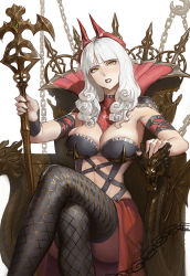 Rule 34 | 1girl, bare shoulders, blunt bangs, breasts, carmilla (fate), chain, cleavage, crossed legs, curly hair, fate/grand order, fate (series), fuli dun, headgear, highres, holding, jewelry, large breasts, long hair, looking at viewer, open mouth, scepter, simple background, sitting, solo, staff, supportasse, white hair, yellow eyes