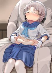Rule 34 | 1boy, 1girl, admiral (kancolle), belly grab, beret, blue neckwear, blue sailor collar, blue skirt, blush, braid, breasts, brown hair, closed eyes, closed mouth, clothes lift, commentary request, commission, crown braid, feet out of frame, flying sweatdrops, glasses, gloves, hat, highres, hirato (kancolle), jacket, kantai collection, long sleeves, mugichoko (mugi no choko), navel, nose blush, pants, pantyhose, parted bangs, pixiv commission, pleated skirt, plump, sailor collar, shirt, shirt lift, skirt, small breasts, stomach, wavy mouth, white gloves, white headwear, white jacket, white pants, white pantyhose, white shirt