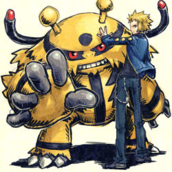 Rule 34 | 00s, 1boy, blonde hair, blue hair, clenched teeth, creature, creatures (company), denim, electivire, from behind, game freak, gen 4 pokemon, gym leader, jacket, jeans, long sleeves, looking at viewer, looking back, lowres, male focus, meimaru inuchiyo, nintendo, open clothes, open jacket, outstretched arm, outstretched arms, pants, pokemon, pokemon (creature), pokemon dppt, red eyes, short hair, simple background, spiked hair, standing, teeth, volkner (pokemon), white background