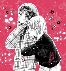 Rule 34 | 2girls, absurdres, blush, braid, choppy bangs, closed eyes, closed mouth, collared jacket, commentary request, dated, expressionless, facing to the side, fingernails, flower (symbol), from side, greyscale, greyscale with colored background, hair behind ear, hair over shoulder, halftone, hand on another&#039;s arm, highres, hug, hug from behind, jacket, long hair, long sleeves, looking at another, looking to the side, medium hair, monochrome, multiple girls, nail polish, oouta rie, original, outline, plaid, plaid jacket, profile, red background, red nails, signature, single braid, skirt, sleeves past wrists, smile, spot color, sweater, tareme, turtleneck, upper body