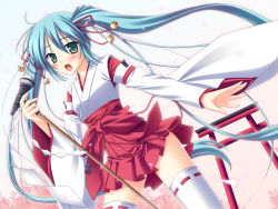 Rule 34 | 1girl, adapted uniform, bell, blue hair, blush, cherry blossoms, fang, gohei, green eyes, hair bell, hair ornament, hatsune miku, japanese clothes, long hair, microphone, microphone stand, miko, open mouth, shide, skirt, skywaker, solo, thighhighs, torii, twintails, very long hair, vocaloid