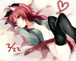 Rule 34 | 10s, 1girl, animal ears, bad id, bad pixiv id, between thighs, black thighhighs, blush, bottomless, bow, cat ears, cat tail, covering crotch, covering privates, hair bow, legs up, long hair, looking at viewer, lying, mahou shoujo madoka magica, mahou shoujo madoka magica (anime), nochita shin, on back, on bed, red eyes, red hair, sakura kyoko, sleeves past wrists, solo, tail, thighhighs