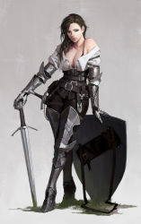Rule 34 | 1girl, armor, bare shoulders, belt, belt buckle, blue eyes, bra, breasts, brown hair, buckle, chain, chewing, cleavage, closed mouth, cross-laced clothes, dongho kang, gauntlets, grass, holding, holding sword, holding weapon, large breasts, leggings, long hair, long sword, md5 mismatch, armored boots, original, planted, scabbard, sheath, shield, shirt, solo, sword, underwear, weapon, white shirt