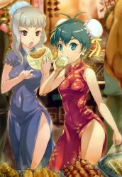 Rule 34 | &gt;:o, + +, 2girls, :o, absurdres, alternate costume, alternate hairstyle, antenna hair, aqua eyes, bag, baozi, bare arms, bare legs, bare shoulders, black hair, blue dress, blurry, breasts, bun cover, chicken (food), chignon, china dress, chinese clothes, corn, covered navel, depth of field, double bun, dress, drooling, dumpling, earrings, eating, female focus, food, food in mouth, food on face, ganaha hibiki, hair bun, hand up, hands up, highres, holding, holding bag, idolmaster, idolmaster (classic), jewelry, kebab, large breasts, legs, looking at another, looking at viewer, meat, medium breasts, mikel (4hands), mouth hold, multiple girls, neck, no bra, no panties, open mouth, outdoors, pointing, purple eyes, red dress, round teeth, saliva, scan, shijou takane, short hair, short sleeves, side slit, silver hair, single hair bun, sleeveless, sleeveless dress, standing, steam, symbol-shaped pupils, taut clothes, teeth, v-neck, v-shaped eyebrows