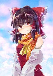 Rule 34 | 1girl, ascot, bare shoulders, blush, bow, brown eyes, brown hair, closed mouth, cloud, commentary, detached sleeves, frilled bow, frilled hair tubes, frills, hair bow, hair tubes, hakurei reimu, looking at viewer, orange scarf, red bow, ryuu (multitask), scarf, smile, solo, touhou, upper body, yellow ascot