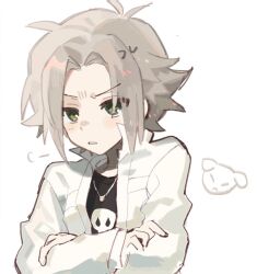 Rule 34 | 1boy, black shirt, crossed arms, gelato1014, gokudera hayato, green eyes, highres, jacket, jewelry, katekyo hitman reborn!, light brown hair, long sleeves, male focus, necklace, open clothes, open jacket, parted bangs, shirt, short hair, simple background, skull print, solo, upper body, white background, white jacket