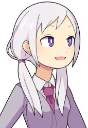 Rule 34 | 1girl, alternate hair color, cardigan, collared shirt, commentary, hospital king, long hair, looking to the side, low twintails, necktie, open mouth, purple cardigan, purple eyes, purple necktie, school uniform, shirt, silver hair, simple background, smile, solo, split mouth, tamura yuri, twintails, upper body, watashi ga motenai no wa dou kangaetemo omaera ga warui!, white background, white shirt